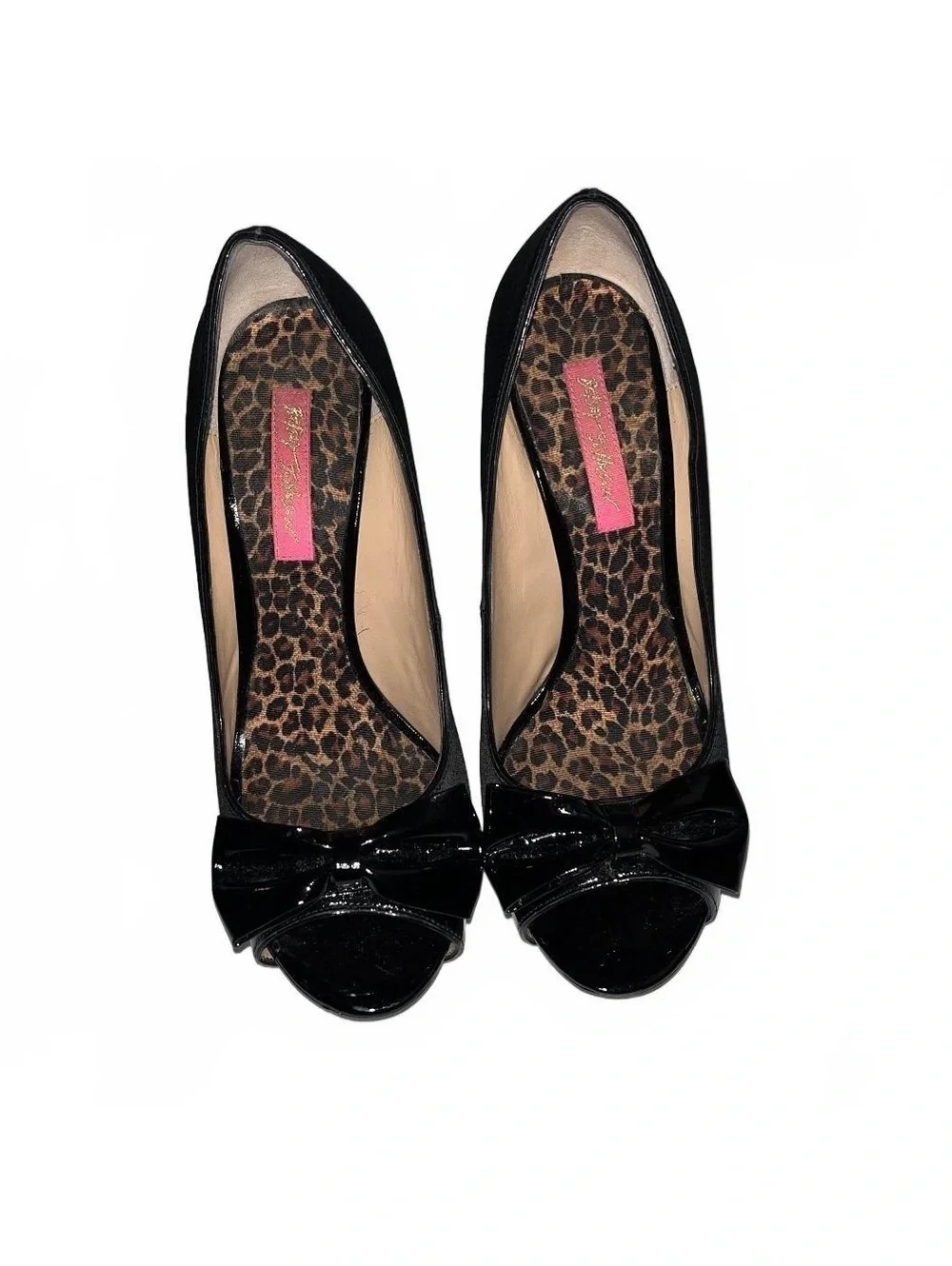 Betsey Johnson Black Satin Peep Toe Heels with Bow Detail Size 9.5